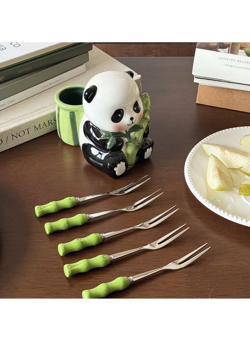 Panda Holding Bamboo Fruit Fork Set Cute Stainless Steel Dessert Cake Forks Bamboo Fruit Skewer Storage Jar - Image 1